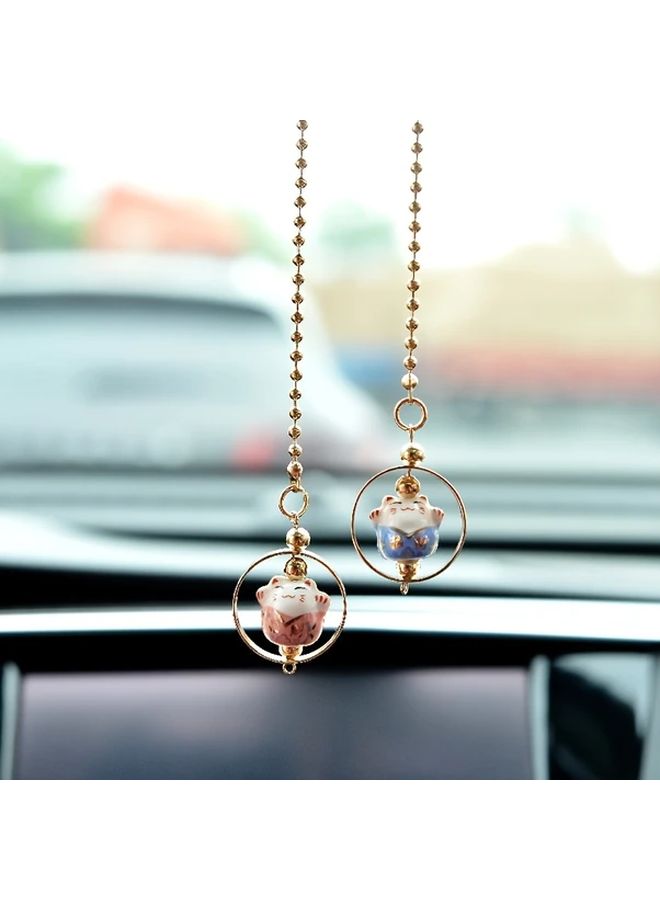 Pink Lucky Cat Car Hanging Ornament Ceramic Maneki Neko Rearview Mirror Charm For Fortune - Image 1