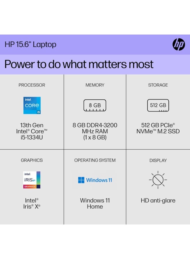 HP 15-fd0498nia Laptop | 13th Gen Intel Core i5-1334U | 8GB DDR4 RAM | 512GB SSD | 15.6" FHD Display | Intel Iris Xe Graphics | Middle East English Keyboard | English Silver - Image 2
