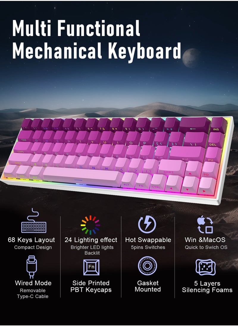 ZIPFORCE - ZIPFORCE Gaming Keyboard,68-Key Mechanical Keyboard, Blue Liner Switches, Type-C Wired Connection, Multi-Color Mixed Backlight, PBT Keycaps, 100 Million Keystroke Lifespan, Hot Swappable Compact Gaming Keyboard - Image 1
