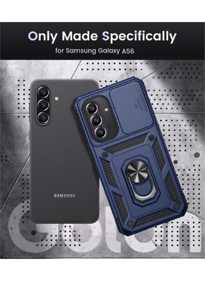 RUGGED SHIELD - Samsung Galaxy A56 Case with HD Full Screen Tempered Glass Screen Protector, Slide Camera Cover, Built-in 360° Rotate Ring Kickstand, Heavy Duty Shockproof Drop Proof Protective Case for Samsung Galaxy A56 6.7 inch (Blue, 1+1 Pack) - Image 1