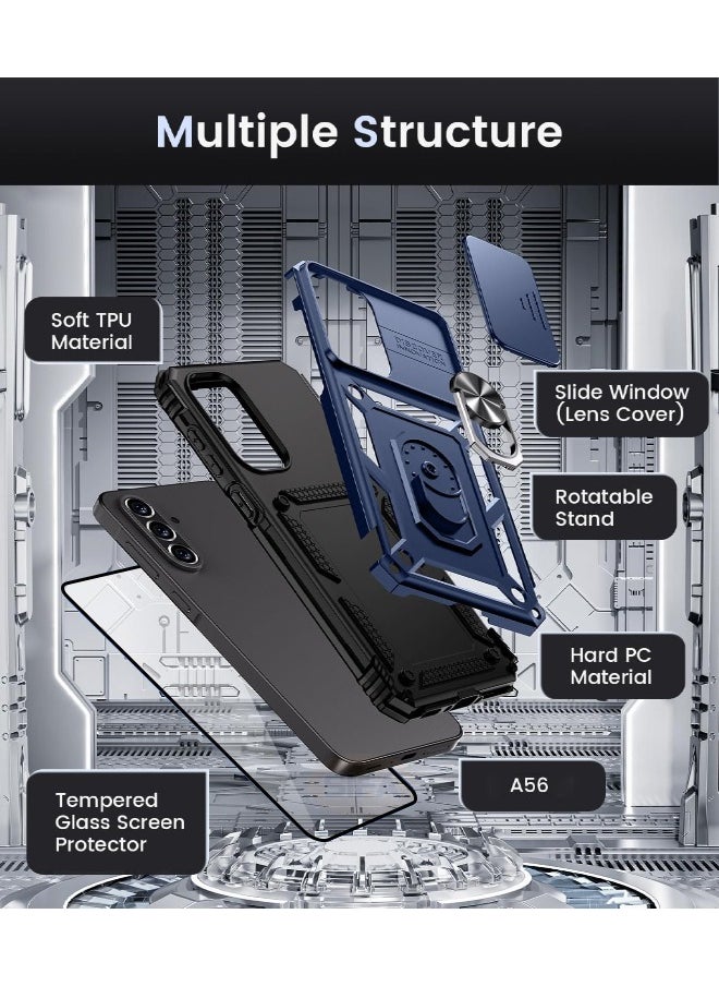 RUGGED SHIELD - Samsung Galaxy A56 Case with HD Full Screen Tempered Glass Screen Protector, Slide Camera Cover, Built-in 360° Rotate Ring Kickstand, Heavy Duty Shockproof Drop Proof Protective Case for Samsung Galaxy A56 6.7 inch (Blue, 1+1 Pack) - Image 1