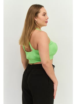 MANGO Women Halter Neck Textured Sleeveless Crop Top, Light Green  - Image 4