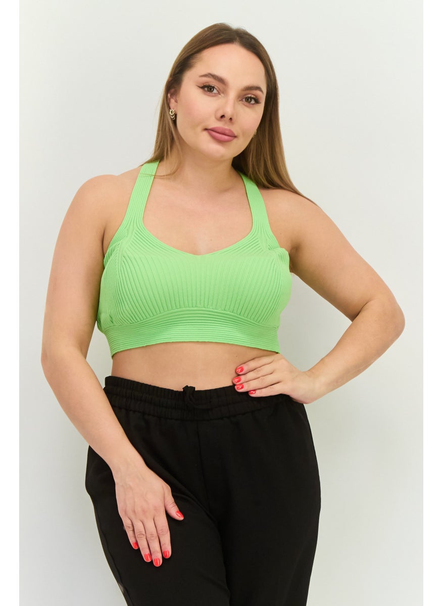 MANGO Women Halter Neck Textured Sleeveless Crop Top, Light Green  - Image 1