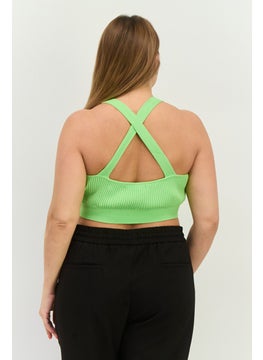 MANGO Women Halter Neck Textured Sleeveless Crop Top, Light Green  - Image 2