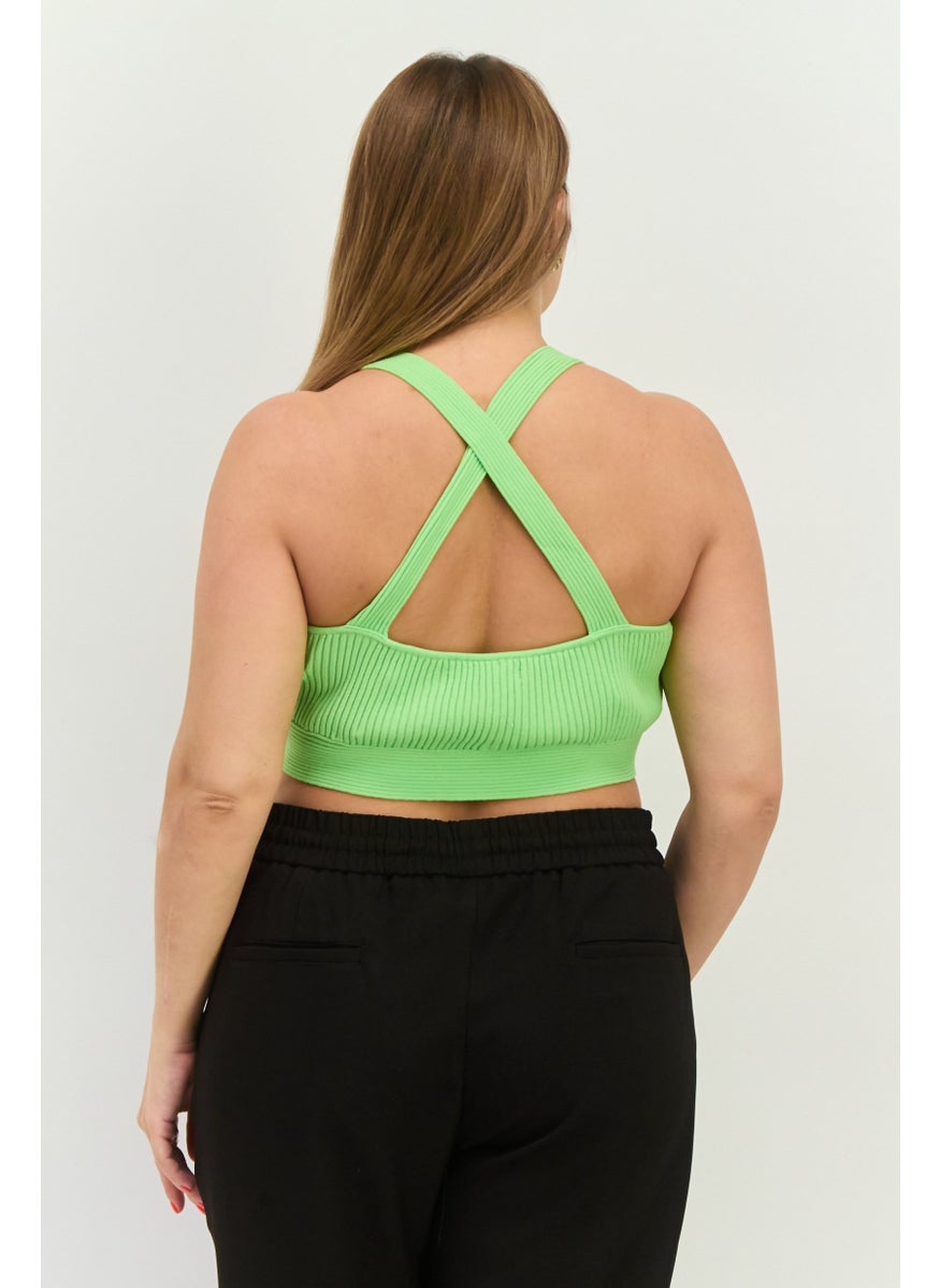MANGO Women Halter Neck Textured Sleeveless Crop Top, Light Green  - Image 2
