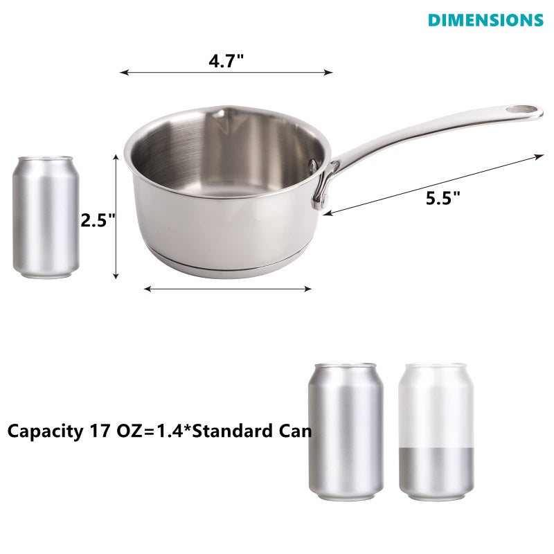 DEAYOU 18/10 Stainless Steel Butter Warmer Measuring Pan, 0.5-Quart Milk Warmer Pot with Dual Pour Spouts, 17OZ Small Sauce Pan for Stove Top, Chocolate Melting, Coffee Tea Soup Warming - Image 2