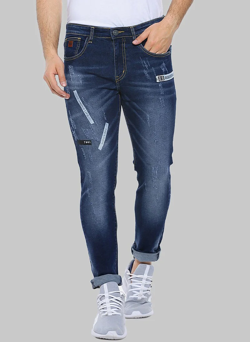 كامبوس سوترا Campus Sutra Men's Classic Navy Blue Dark-Wash Distressed Denim Jeans With Embroidered Detail | Skinny Fit Stretchable Cotton Mid-Rise Denim Jeans Crafted With Comfort Fit For Everyday Wear