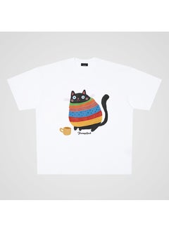250g Pure Cotton Japanese Cute Cartoon Cat Short Sleeve T-shirt For Men Women Loose Fit Trendy Couple Shirt wool cat white