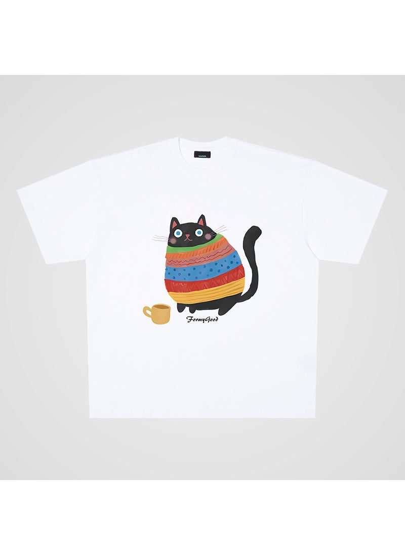 Generic - 250g Pure Cotton Japanese Cute Cartoon Cat Short Sleeve T-shirt For Men Women Loose Fit Trendy Couple Shirt wool cat white - Image 1