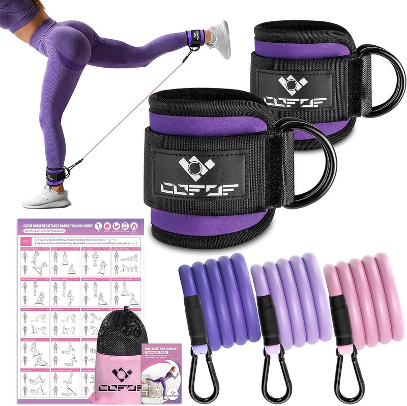 COFOF Ankle Resistance Bands with Cuffs, Ankle Bands for Working Out, Kickbacks Hip, Leg Glute Exercise Equipment with Training Poster, Resistance Workout Equipment for Women(Purple) - Image 1