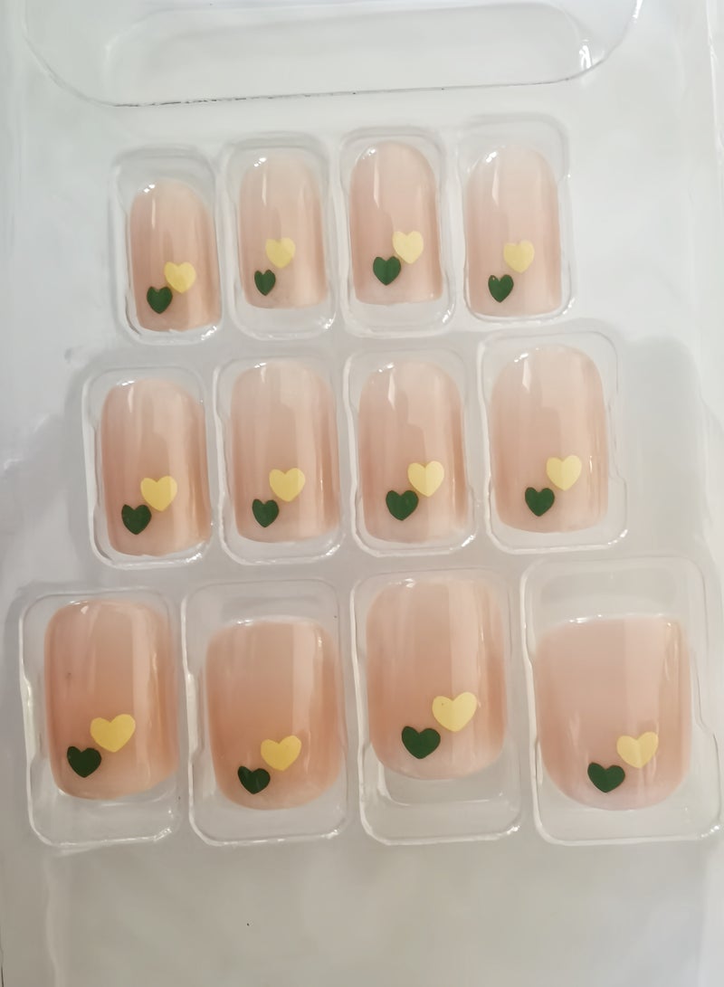 French Press-on Nails 12 Pieces: Pink Ombre Artificial Nails with Yellow & Green Hearts - Cute & Classy Design. Safe Removal at Home + Glue Kit Included. - Image 1