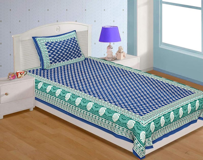 EarlyMart Comfort Rajasthani Jaipuri Traditional Sanganeri Print 144 TC Cotton Floral Single Size Bed Bedsheet with Pillow Cover Single_Bedsheet011 - Image 1