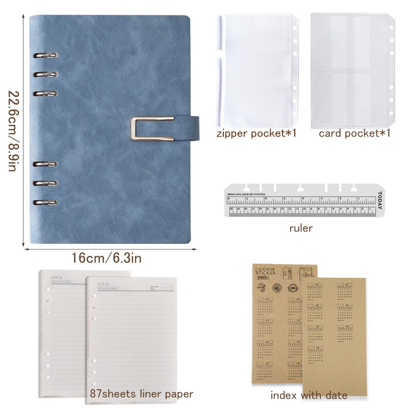 DY.2ten Refillable Notebook Set with PU Binder Cover - 6 Hole & Loose Leaf - 87 Sheets (174 Pages) of Lined Paper + A5 Zipper Binder Pockets + 3-fold Pouch + Index Note Tabs - Image 2