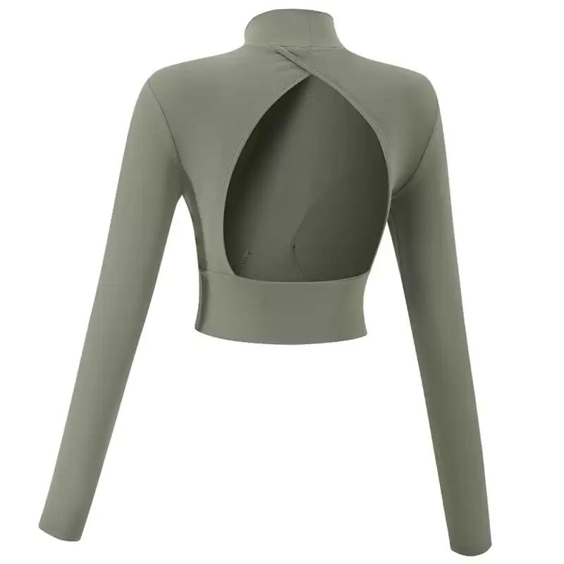 Spring and Autumn Small High Collar with Chest Pad Sports Top Womens Hollow-out Beautiful Back Yoga Clothes Running Training Fitness Long Sleeve Military green - Image 1