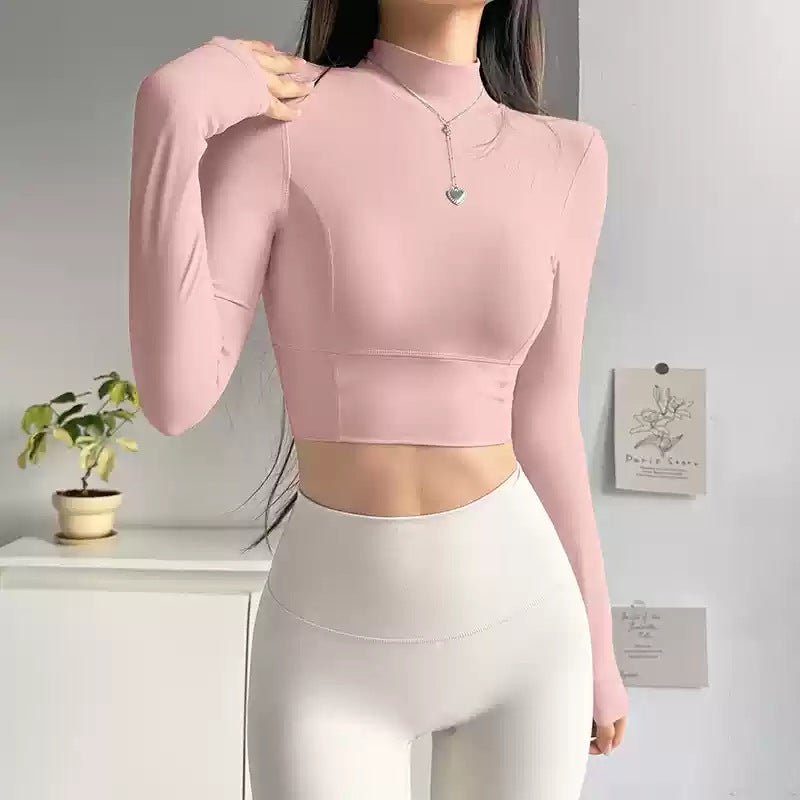 Spring and Autumn Small High Collar with Chest Pad Sports Top Womens Hollow-out Beautiful Back Yoga Clothes Running Training Fitness Long Sleeve Military green - Image 4