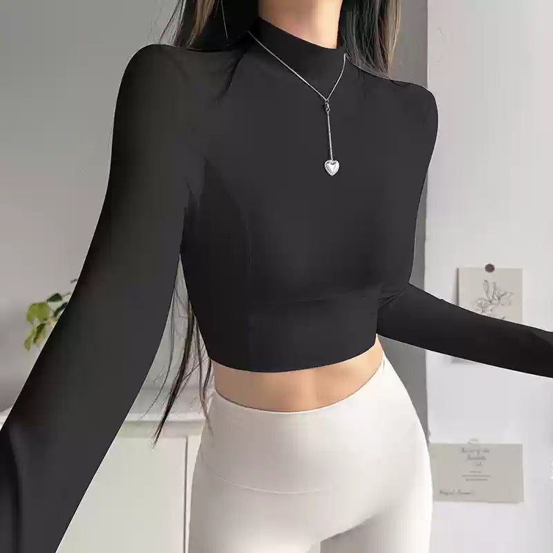 Spring and Autumn Small High Collar with Chest Pad Sports Top Womens Hollow-out Beautiful Back Yoga Clothes Running Training Fitness Long Sleeve Military green - Image 5