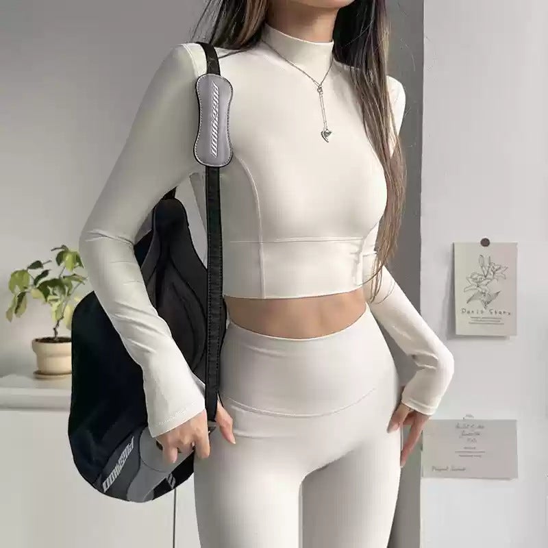 Spring and Autumn Small High Collar with Chest Pad Sports Top Womens Hollow-out Beautiful Back Yoga Clothes Running Training Fitness Long Sleeve Military green - Image 2