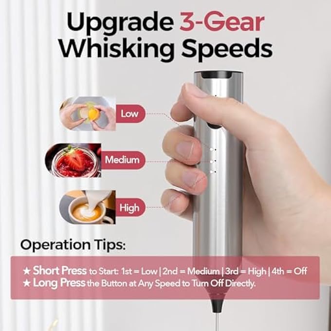 أوفردنسي عصا رغوة الحليب القابلة لإعادة الشحن المحمولة مع حامل، خلاط مشروبات قابل للتعديل بثلاث سرعات مع خفاقة، محرك كهربائي من الفولاذ المقاوم للصدأ للقهوة واللاتيه ومخفوقات البروتين وبيض الماتشا - Image 3