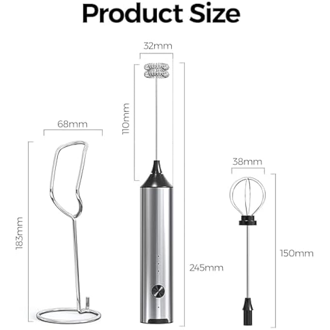أوفردنسي عصا رغوة الحليب القابلة لإعادة الشحن المحمولة مع حامل، خلاط مشروبات قابل للتعديل بثلاث سرعات مع خفاقة، محرك كهربائي من الفولاذ المقاوم للصدأ للقهوة واللاتيه ومخفوقات البروتين وبيض الماتشا - Image 2