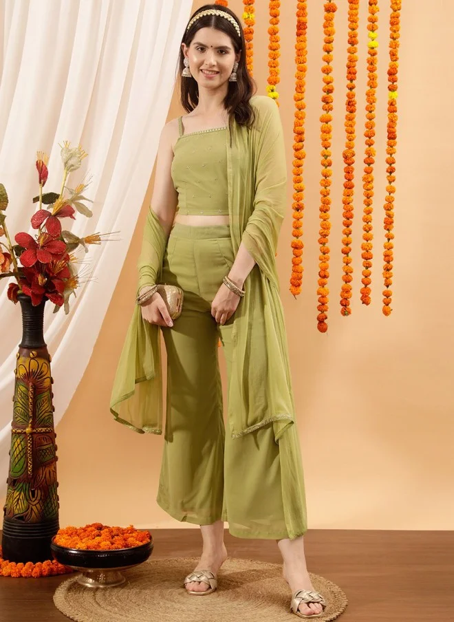 Indo Street Embellished Green Crop Top & Palazzo Set for Women