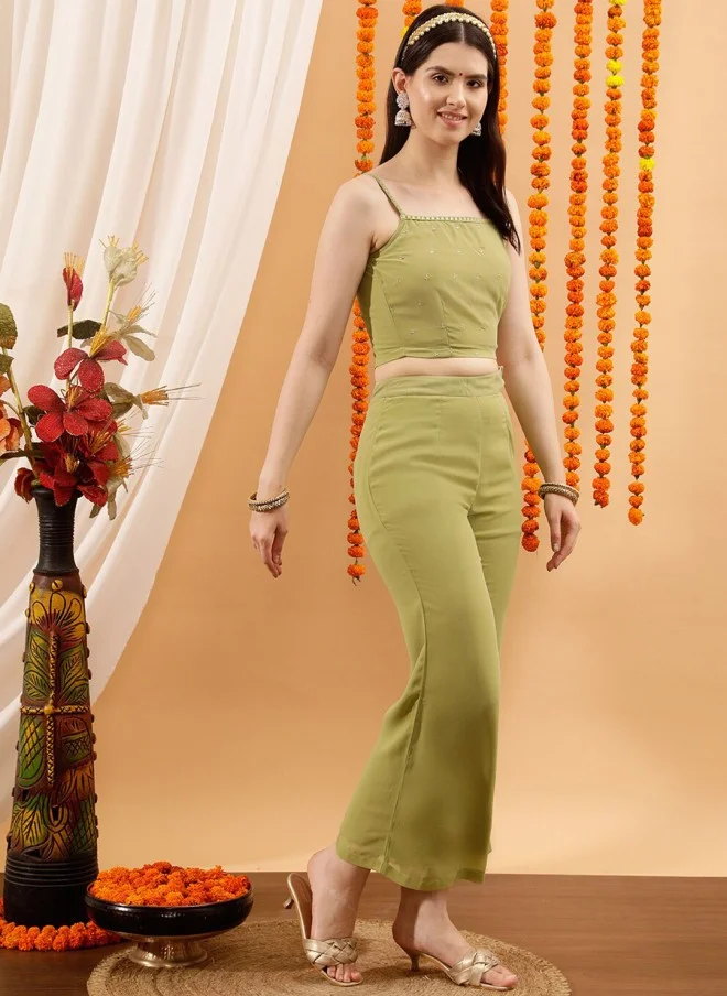 Indo Street Embellished Green Crop Top & Palazzo Set for Women