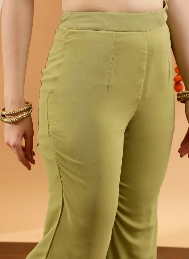 Indo Street Embellished Green Crop Top & Palazzo Set for Women