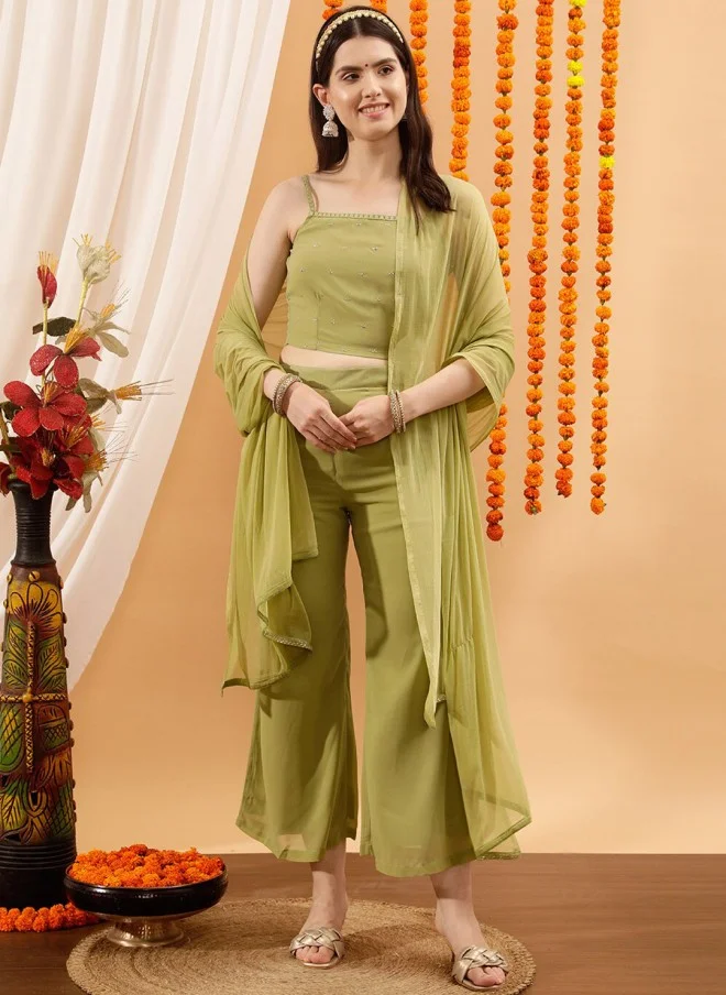 Indo Street Embellished Green Crop Top & Palazzo Set for Women