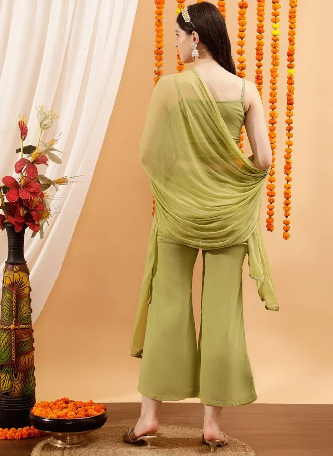 Indo Street Embellished Green Crop Top & Palazzo Set for Women