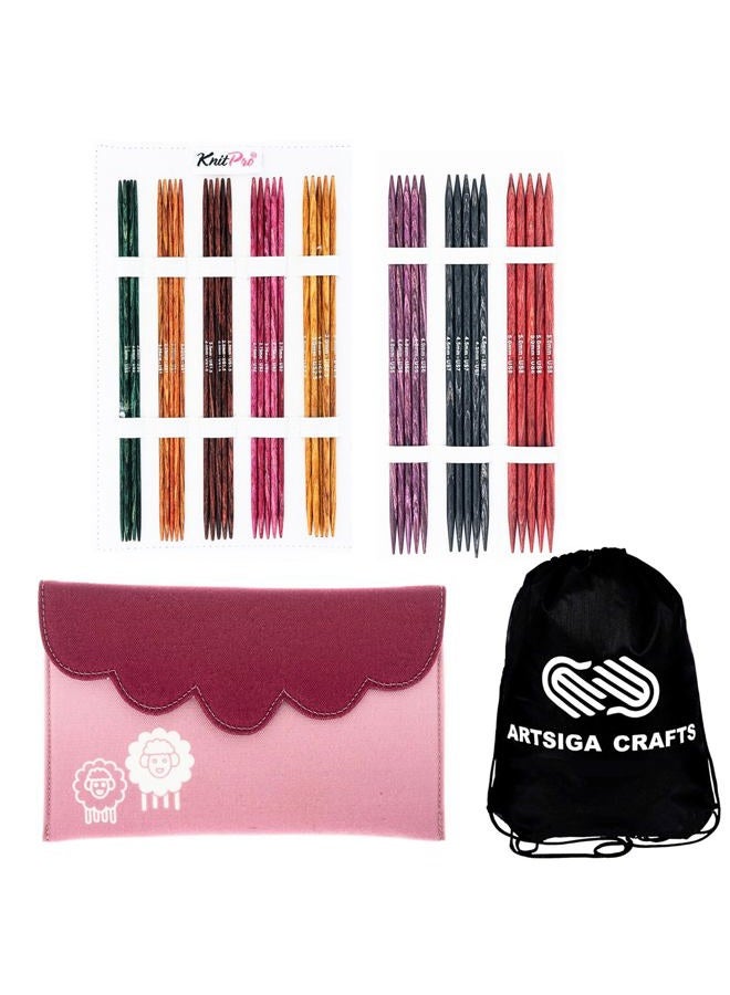 KnitPro Dreamz Deluxe Set 6 inch DPN Double Pointed Knitting Needles Size 0, 1, 1.5, 2, 2.5, 3, 4, 5, 6 with Fabric Case Bundle with 1 Artsiga Crafts Project Bag - Image 1