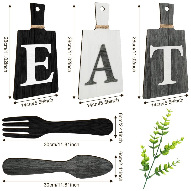 Jetec Cutting Board Eat Sign Set Hanging Art Kitchen Eat Sign Farmhouse Fork and Spoon Wall Decor Rustic Primitive Country Kitchen Decor for Home over Cabinet Decoration(Black, White, Gray) - Image 2