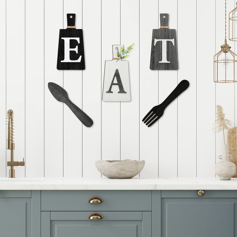 Jetec Cutting Board Eat Sign Set Hanging Art Kitchen Eat Sign Farmhouse Fork and Spoon Wall Decor Rustic Primitive Country Kitchen Decor for Home over Cabinet Decoration(Black, White, Gray) - Image 5