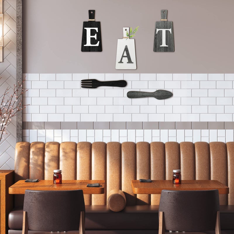 Jetec Cutting Board Eat Sign Set Hanging Art Kitchen Eat Sign Farmhouse Fork and Spoon Wall Decor Rustic Primitive Country Kitchen Decor for Home over Cabinet Decoration(Black, White, Gray) - Image 4