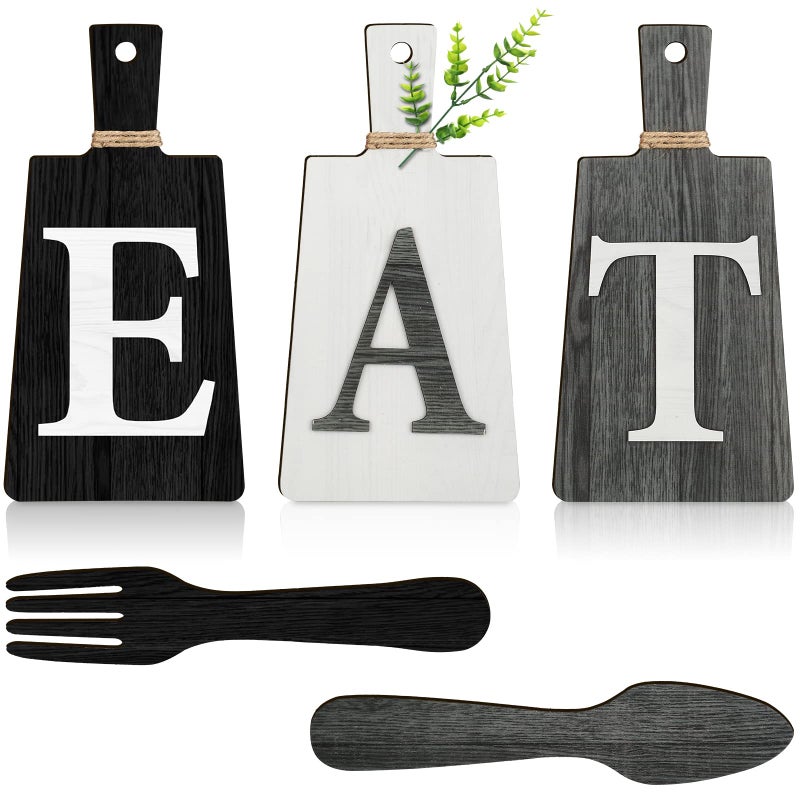 Jetec Cutting Board Eat Sign Set Hanging Art Kitchen Eat Sign Farmhouse Fork and Spoon Wall Decor Rustic Primitive Country Kitchen Decor for Home over Cabinet Decoration(Black, White, Gray) - Image 1