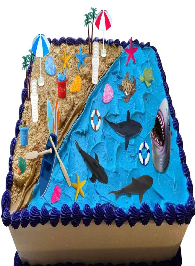 ChoJoy 30PCS Shark Cake Toppers - Beach Shark Set - 4 Sharks, Boat Paddle, Life Buoy - Shark Themed Birthday Party - Image 1