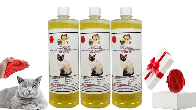 Swacch Siamese Cat Shampoo -1 Litre (Pack of 3) (Lemon) + Bath Brush with Adjustable Straps Combo Pack - Image 1