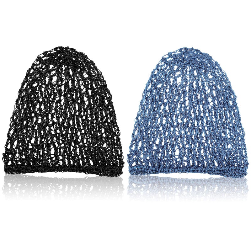 Waydress 2 Pieces Mesh Hair Net Rayon Knit Snood Women Crocheted Sleep Cap Black Blue