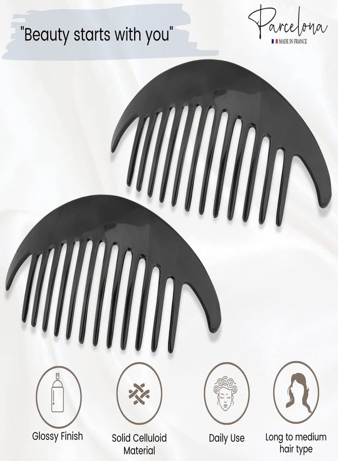Parcelona French Alice Large 51/2" Celluloid Acetate Side Hair Comb Set of 2 Flexible Interlocking No Slip 12 Teeth Ponytail Durable Women Hair Accessories Side Hair Clip for Girls, Made in France(Glossy Black) - Image 2