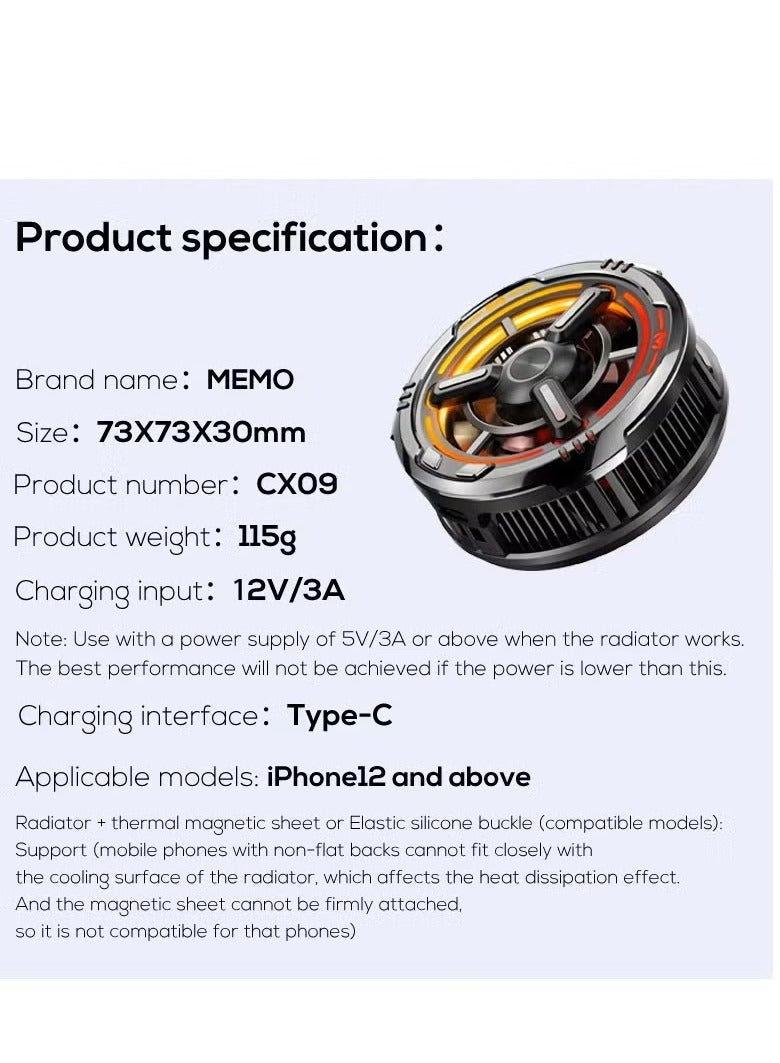 Memo CX09 Magnetic Mobile Phone Cooling Fan Radiator Cooler – Fast Cooling for Smartphones,, Gaming, and Overheating Prevention – Efficient Heat Dissipation, Easy-to-Use, Compatible with All Phones, Portable and Rechargeable  - Image 2