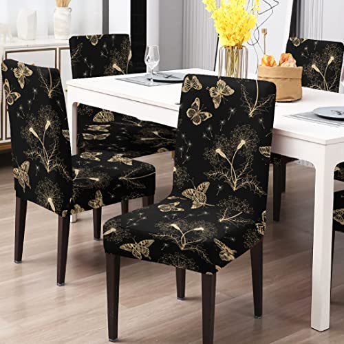 BRIDA Stretchable Floral Geometric Printed Dining Chair Covers Frill Skirt Elastic Chair Seat Case Protector, Slipcovers (4 Chair Cover, Black Butterfly) - Image 1