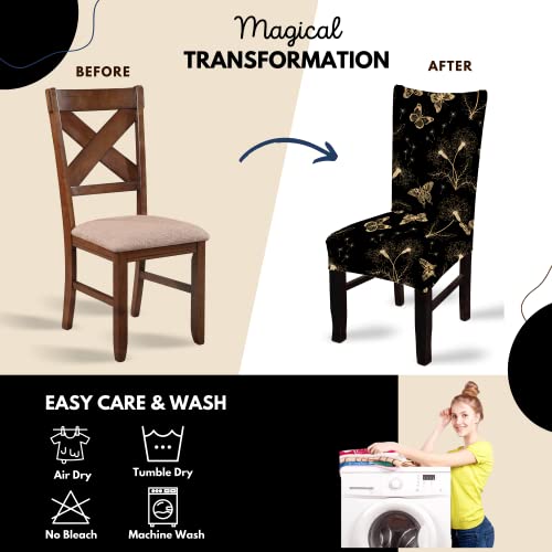 BRIDA Stretchable Floral Geometric Printed Dining Chair Covers Frill Skirt Elastic Chair Seat Case Protector, Slipcovers (4 Chair Cover, Black Butterfly) - Image 5