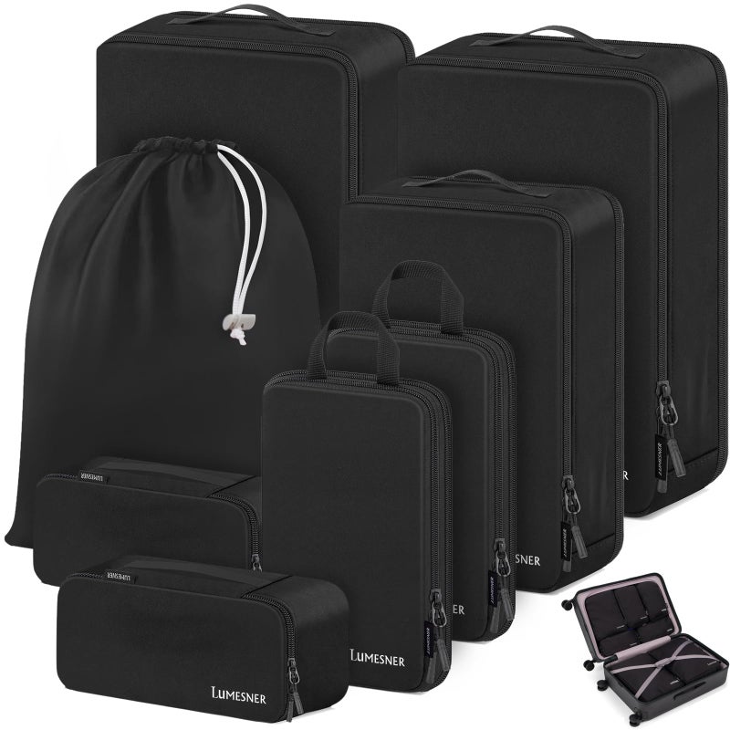 Lumesner Compression Packing Cubes, 8 Set Travel Packing Cubes for Carry on Suitcases, Compression Suitcase Organizers Bag Set & Travel Cubes (8-piece, Black) - Image 1