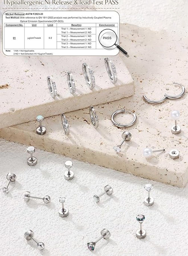 Hypoallergenic Stud Hoop Earrings for Women Small Flat Back Surgical Stainless Steel Earrings for Sensitive Ears Trendy Silver Hoops Cartilage Earring Stacks Set Multiple Piercing Jewelry Gifts - Image 3