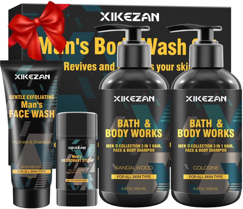 XIKEZAN هدايا للرجال، مجموعة هدايا غسول الجسم للرجال لتنظيف وترطيب البشرة مع غسول الوجه، مزيل العرق، خشب الصندل وكولونيا 3 في 1 غسول للشعر والوجه والجسم، هدايا عيد الميلاد للرجال له والد زوج - Image 1