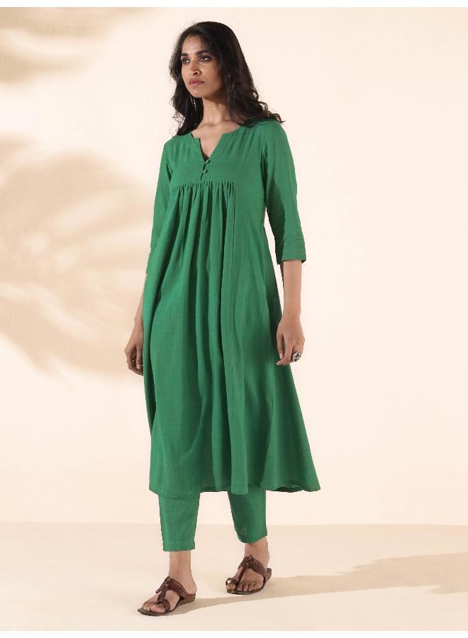 trueBrowns Green Cotton Long Kurta Pant Set - Image 2