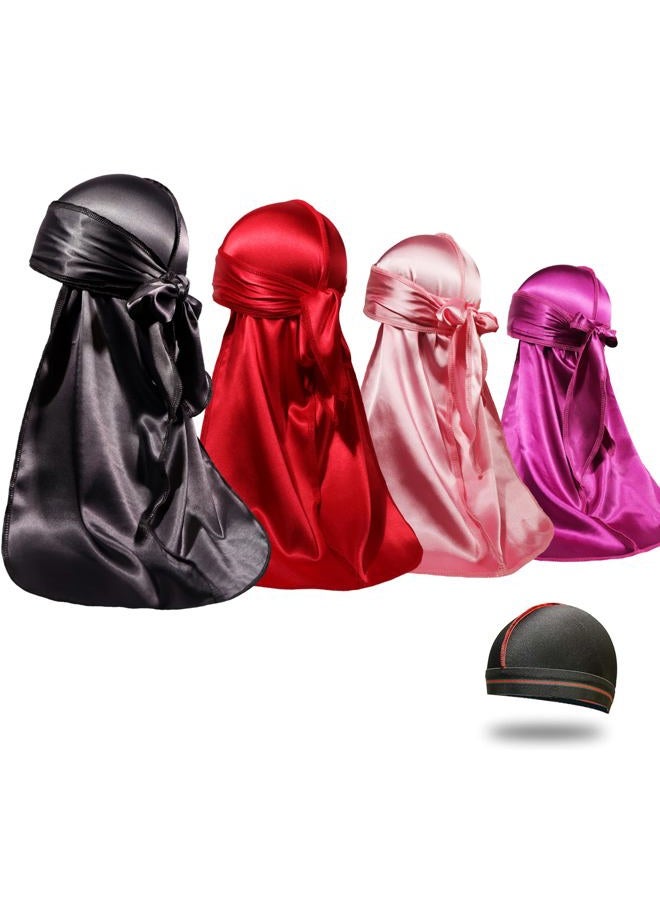 ForceWave 4PCS Silky Durags for Men Women 360 Waves with 1 Wave Cap, Silky Satin Durag Extra Long Tails - Image 1