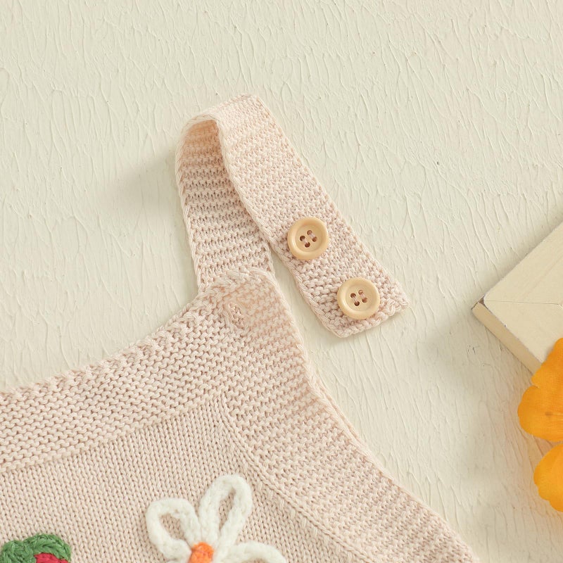 wybzd Newborn Sweater Romper Baby Girl Crochet Knit Sweaters Rompers Embroidery Flower Strawberry Outfit Sleeveless Bodysuit (Beige, 12-18 Months) - Image 5