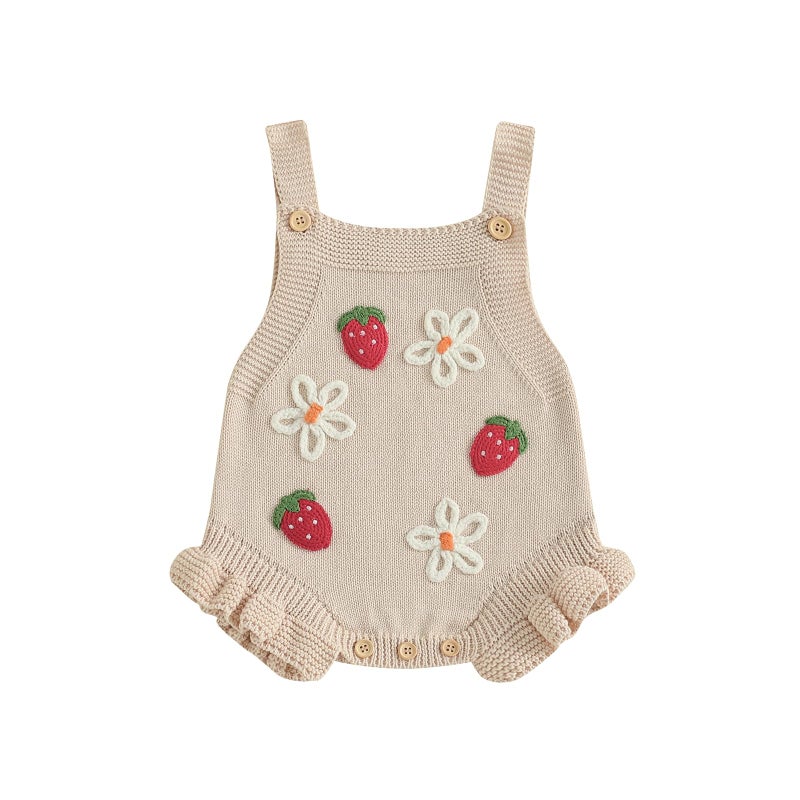 wybzd Newborn Sweater Romper Baby Girl Crochet Knit Sweaters Rompers Embroidery Flower Strawberry Outfit Sleeveless Bodysuit (Beige, 12-18 Months) - Image 1