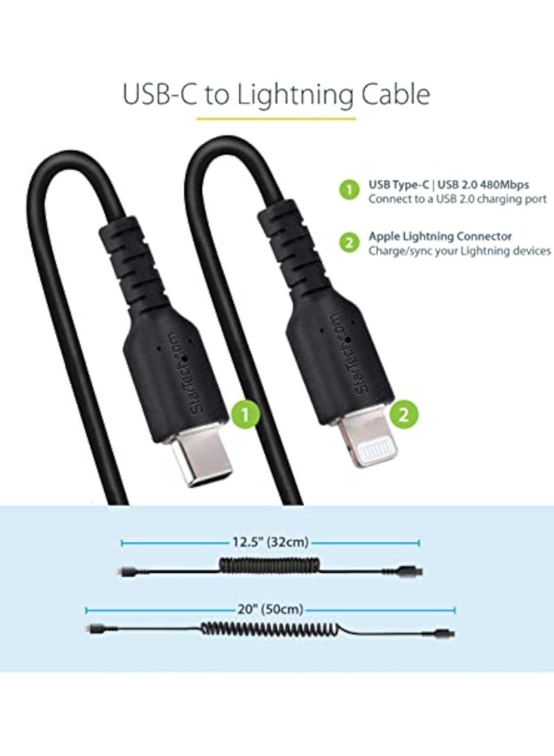 Startech.com 20in / 50cm USB C to Lightning Cable, MFi Certified, Coiled iPhone Charger Cable, Black, Durable TPE Jacket Aramid Fiber, Heavy Duty Coil Lightning Cable (RUSB2CLT50CMBC) - Image 3