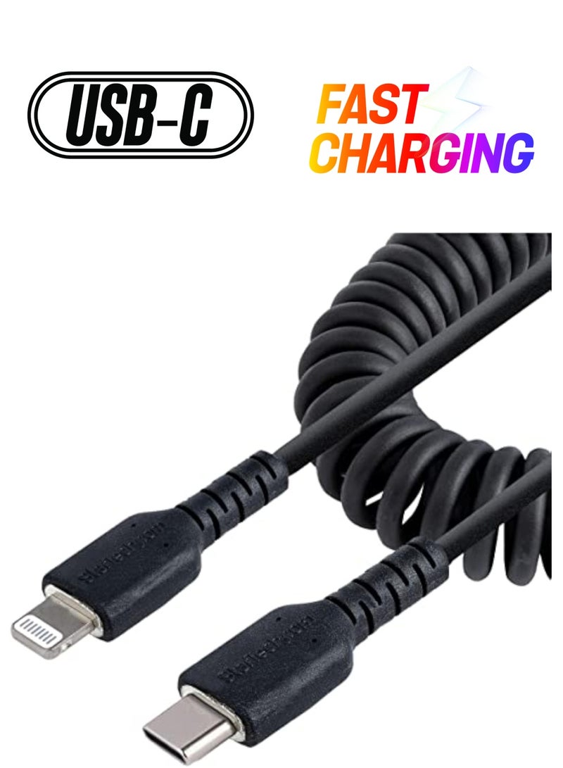 Startech.com 20in / 50cm USB C to Lightning Cable, MFi Certified, Coiled iPhone Charger Cable, Black, Durable TPE Jacket Aramid Fiber, Heavy Duty Coil Lightning Cable (RUSB2CLT50CMBC) - Image 1