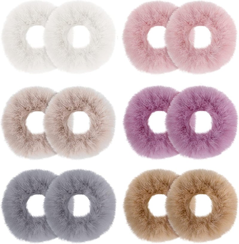12 Pcs Plush Faux Hair Ties Furry Hair Scrunchie No Crease Elastic Soft Hair Bobbles Artificial Fur Hair Bands Rope Wristband Ponytail Holder Accessories for Women Girls 6 Colors
